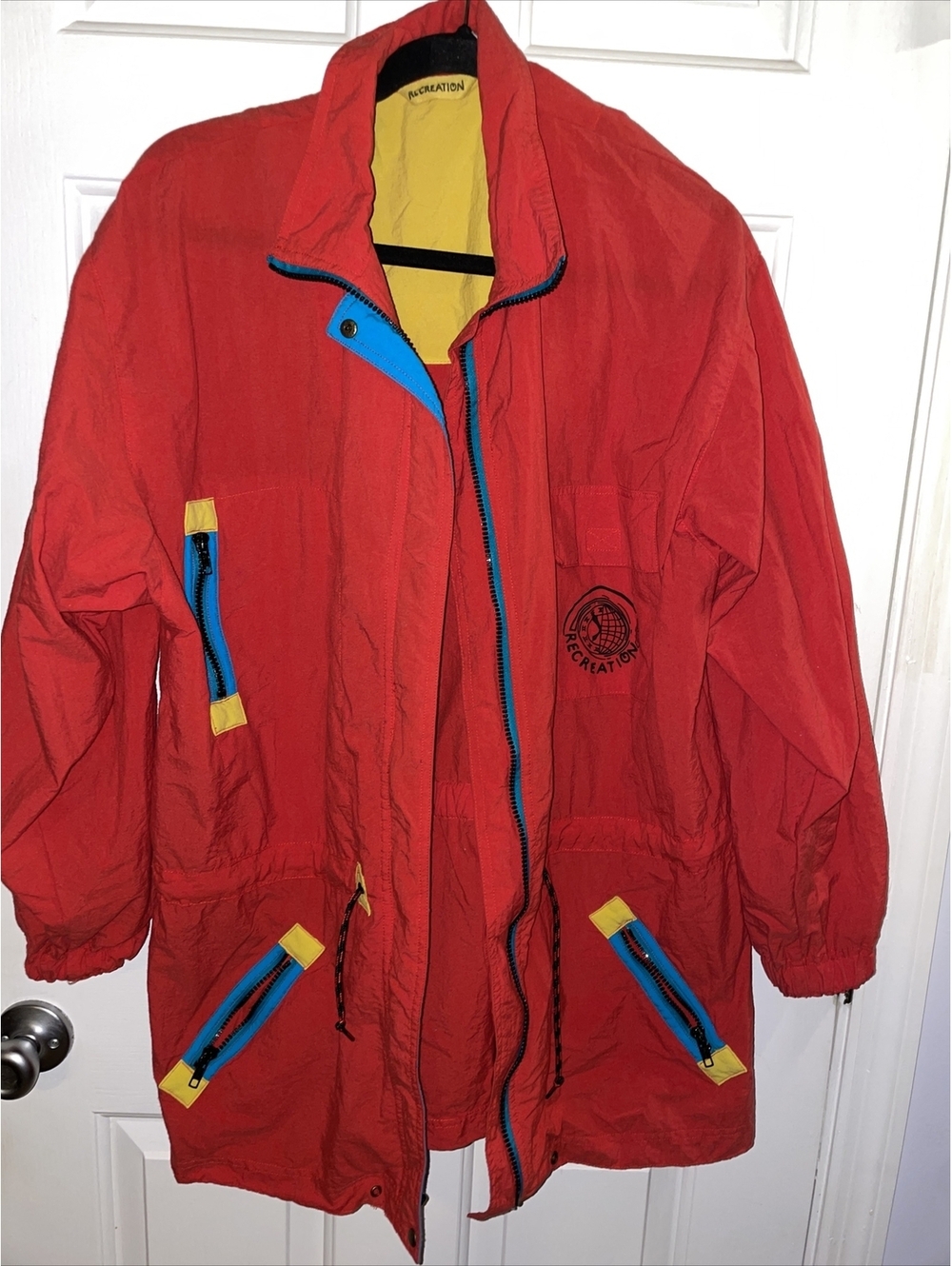 Vintage 80's 90's Jacket Coat Zip Up Recreation Large Red Blue Yellow